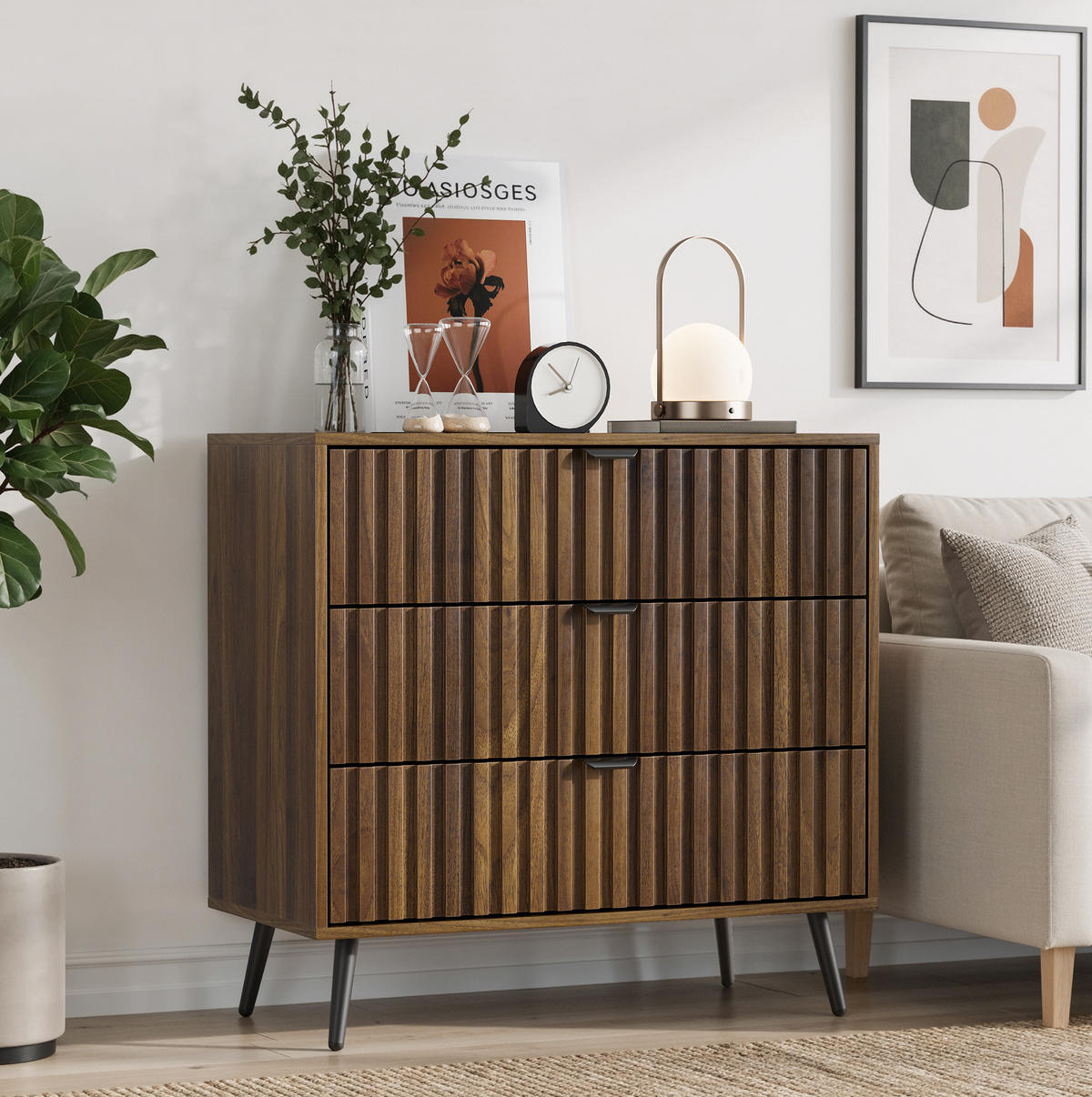 KOMMODE aus MDF 80x39x78 cm Walnuss mit 3 Schubladen und Metallbeinen - Walnussfarben, Holzwerkstoff (80/78/38cm) - Modfu