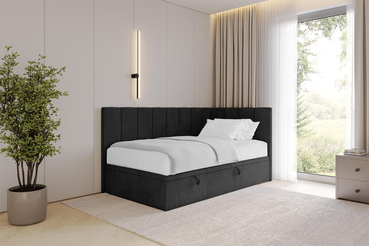 EINZELBETT Jugendbett mit Bettkasten Links, ohne Matratze - LOVY 80x200 Schwarz - Schwarz, Holzwerkstoff/Textil (80/200cm) - ALTDECOR
