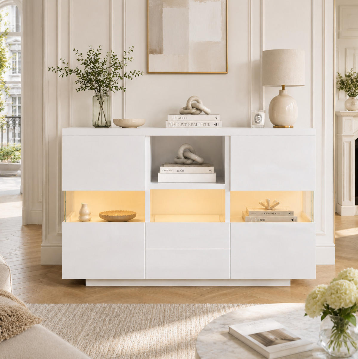 SIDEBOARD in Weiß Anrichte mit Schubladen und offenen Fächern für Wohnzimmer, B140/T35/H75 cm - Weiß, Holzwerkstoff/Metall (140/75/35cm) - STILVORA
