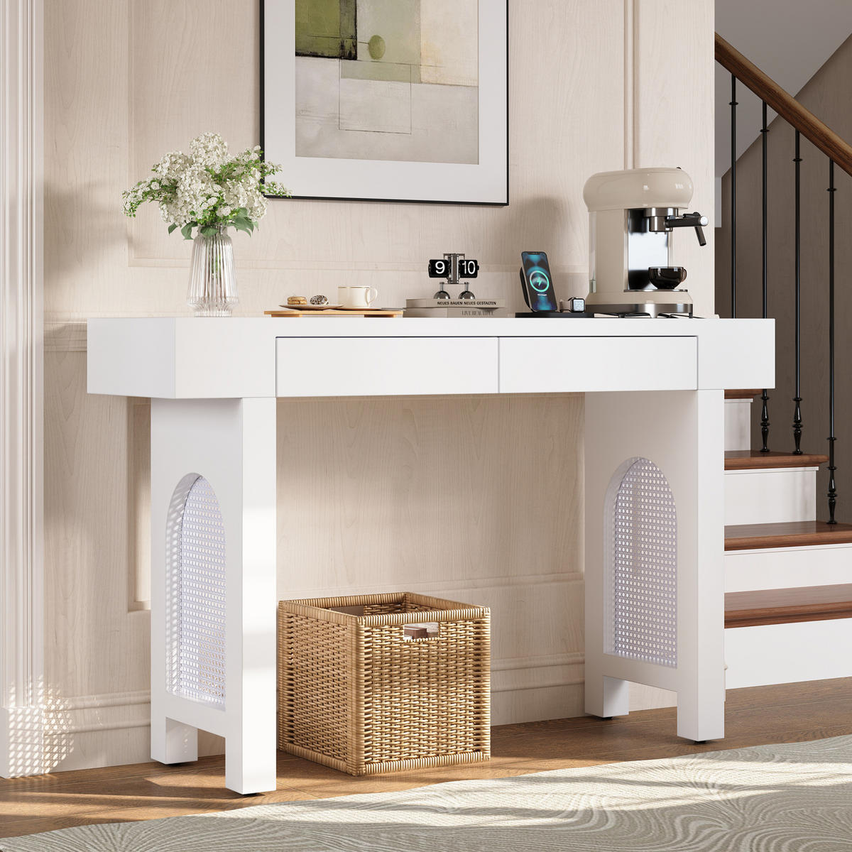 KONZOLOVÝ stolek z MDF 120x35,5x76,5 cm bílý se 2 zásuvkami, USB, Type-C a nastavitelnými nožkami - bílá, kompozitní dřevo (35.5/120/76.5cm) - Modfu