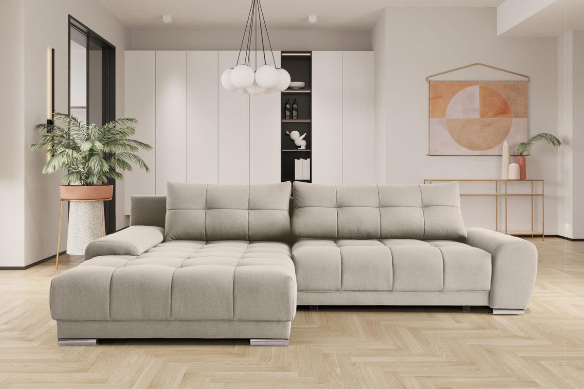 ECKSOFA WAVE Mit Schlaffunktion, Stoff SORO, Hellbeige Links - Creme, Holz (105/281cm) - Kaiser Möbel
