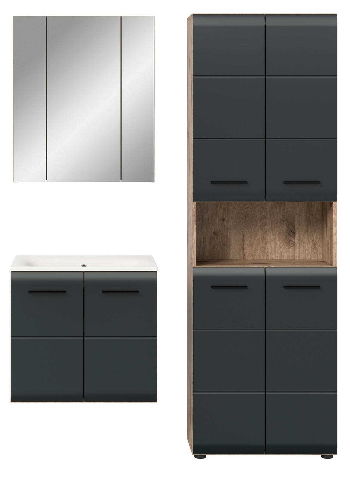 BADMÖBEL-SET 3-teilig schwarz matt, Nox Eiche, Badkombination 135 cm inklusive Waschbecken - Eichefarben/Schwarz, Glas/Holzwerkstoff (135/185/46cm) - Inn.Furn