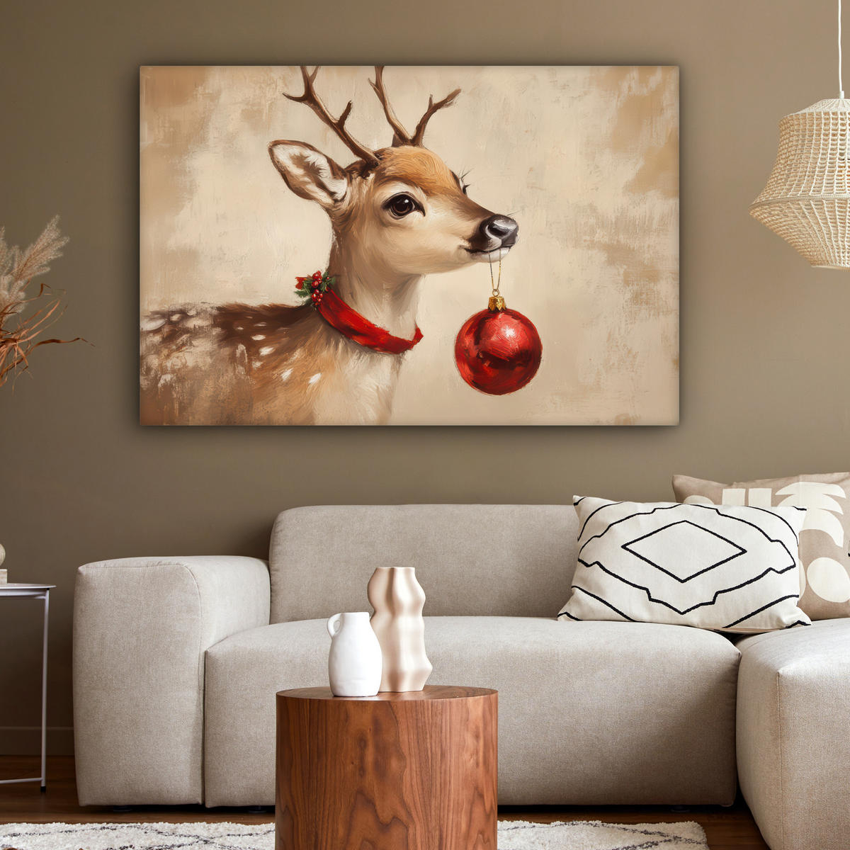 LEINWANDBILD Weihnachten - Hirsch - Geweih - Weihnachtskugel - Rentier XXL 150x100 cm - Hellbraun, Textil (150/100cm) - MuchoWow