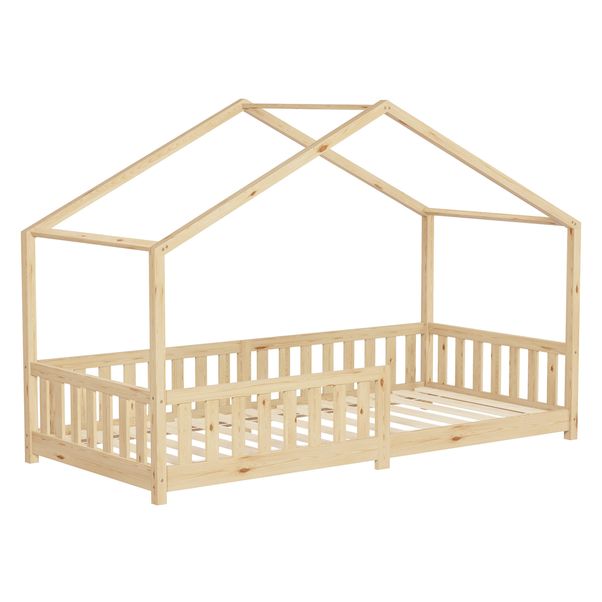 HAUSBETT 90x200 cm Natur aus Kiefernholz mit Rausfallschutz - Beige, Holz (90/200cm) - ML-DESIGN