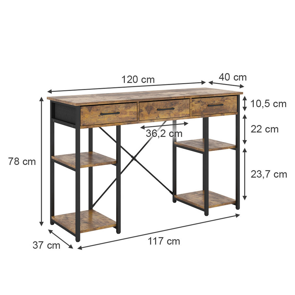 SCHREIBTISCH Chino Eiche rustikal 120 x 40 cm mit 3 Schubladen - Wildeiche, Holzwerkstoff (40/120/78cm) - Vicco