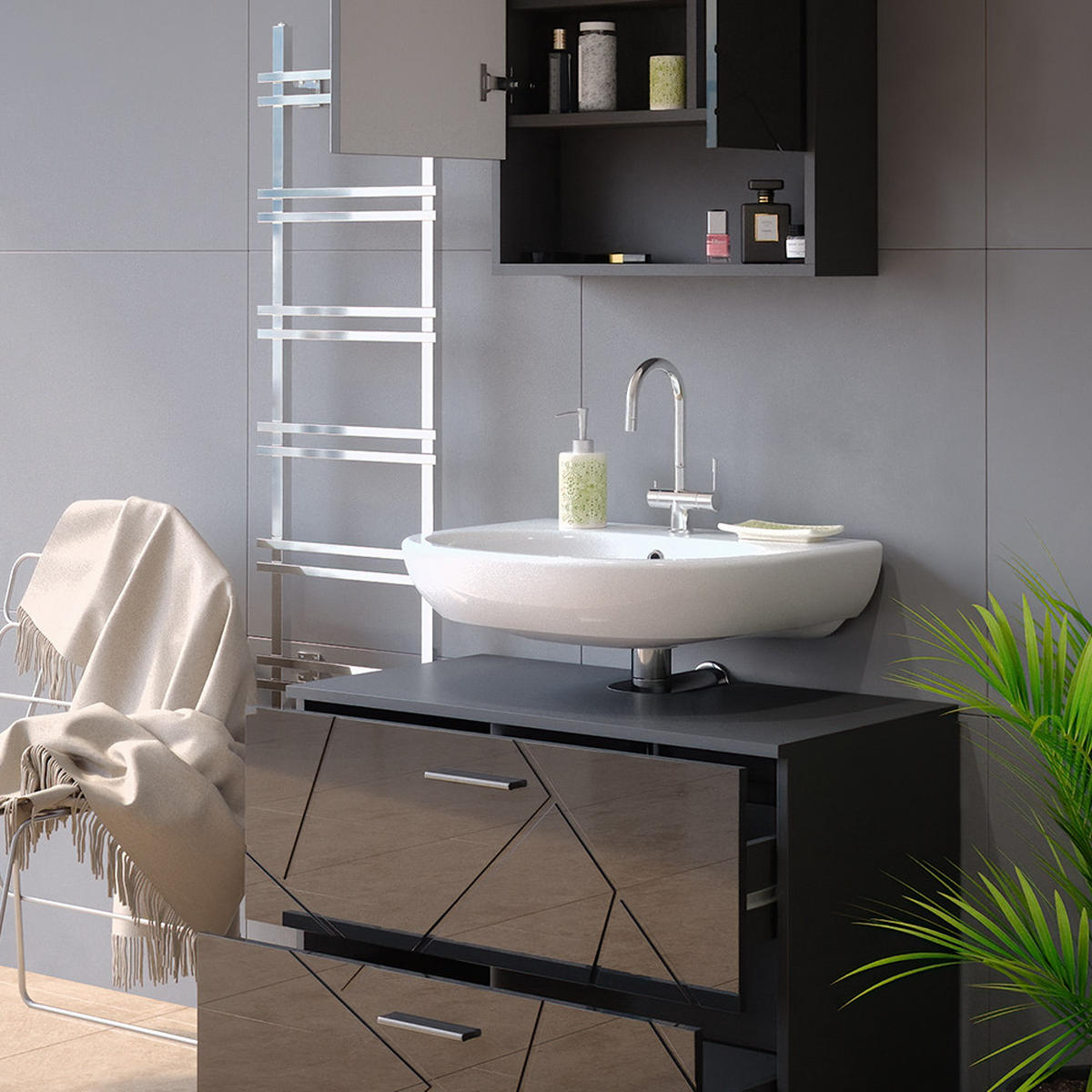 SADA NÁBYTKU DO KOUPELNY Irma Antracitový vysoký lesk - antracitová/vysoce lesklá černá, kompozitní dřevo (80/58.6/41cm) - Vicco