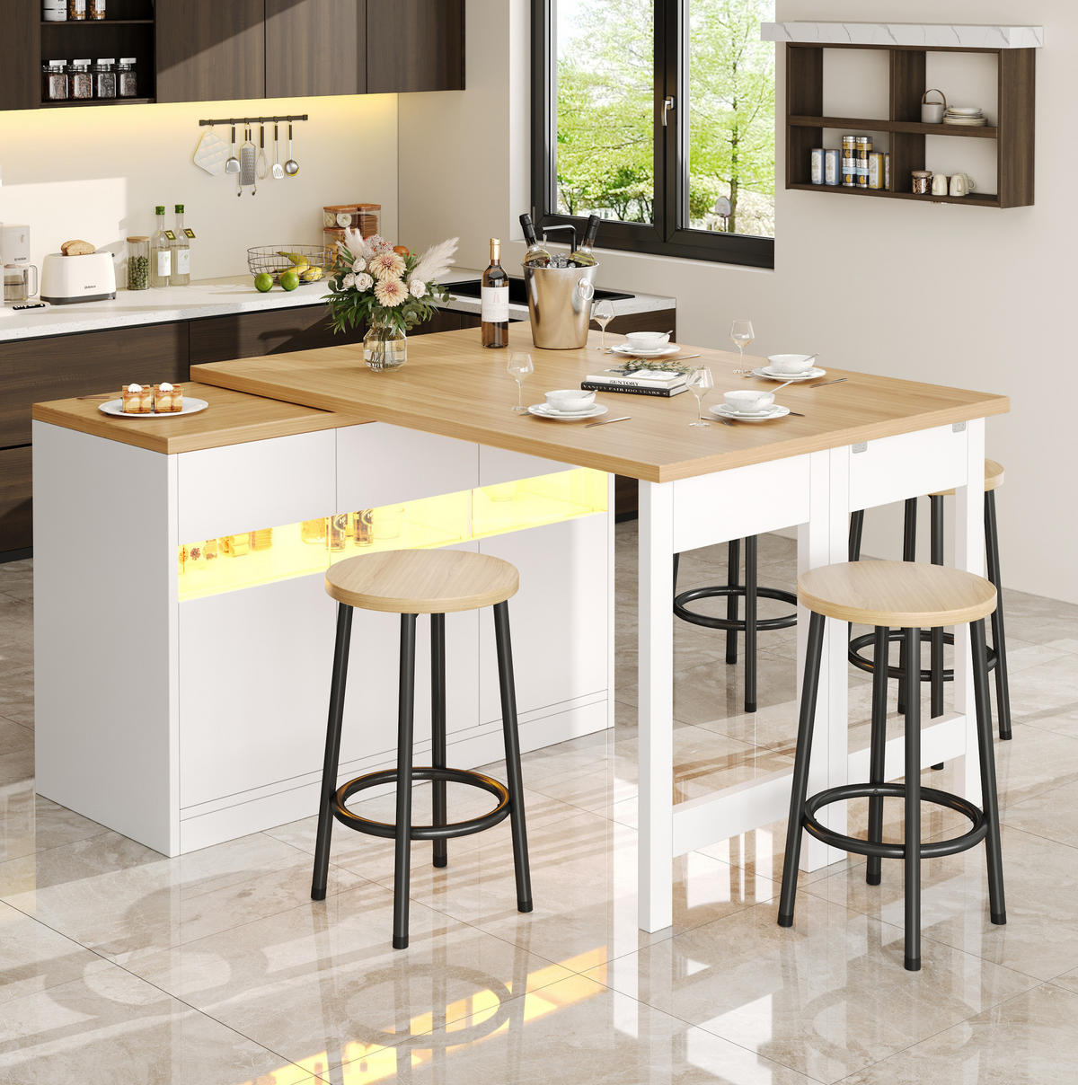 BARTISCH ausziehbar mit LED-Lichtleiste & Stauraum, 120-180/40/71,5 cm, Weiß - Weiß, Holzwerkstoff (40/71.5/107cm) - Redom