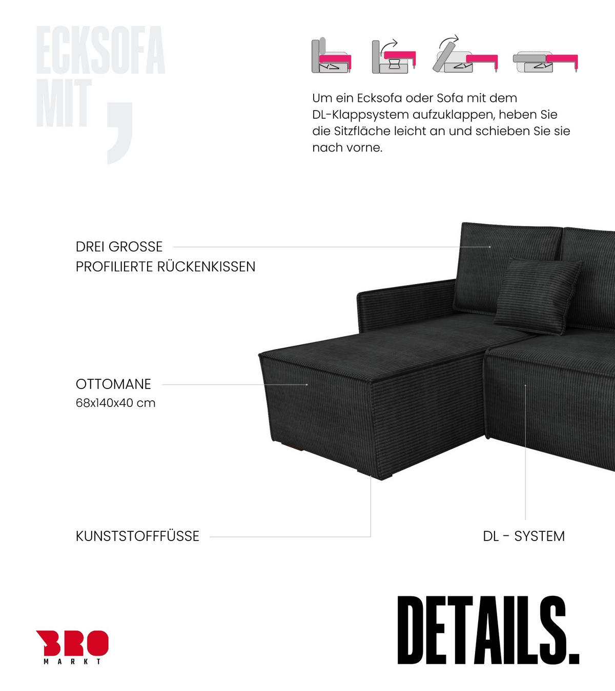 ECKSOFA Atlantic mit Schlaffunktion Grün Cord - Grün, Textil (238/141cm) - Bromarkt