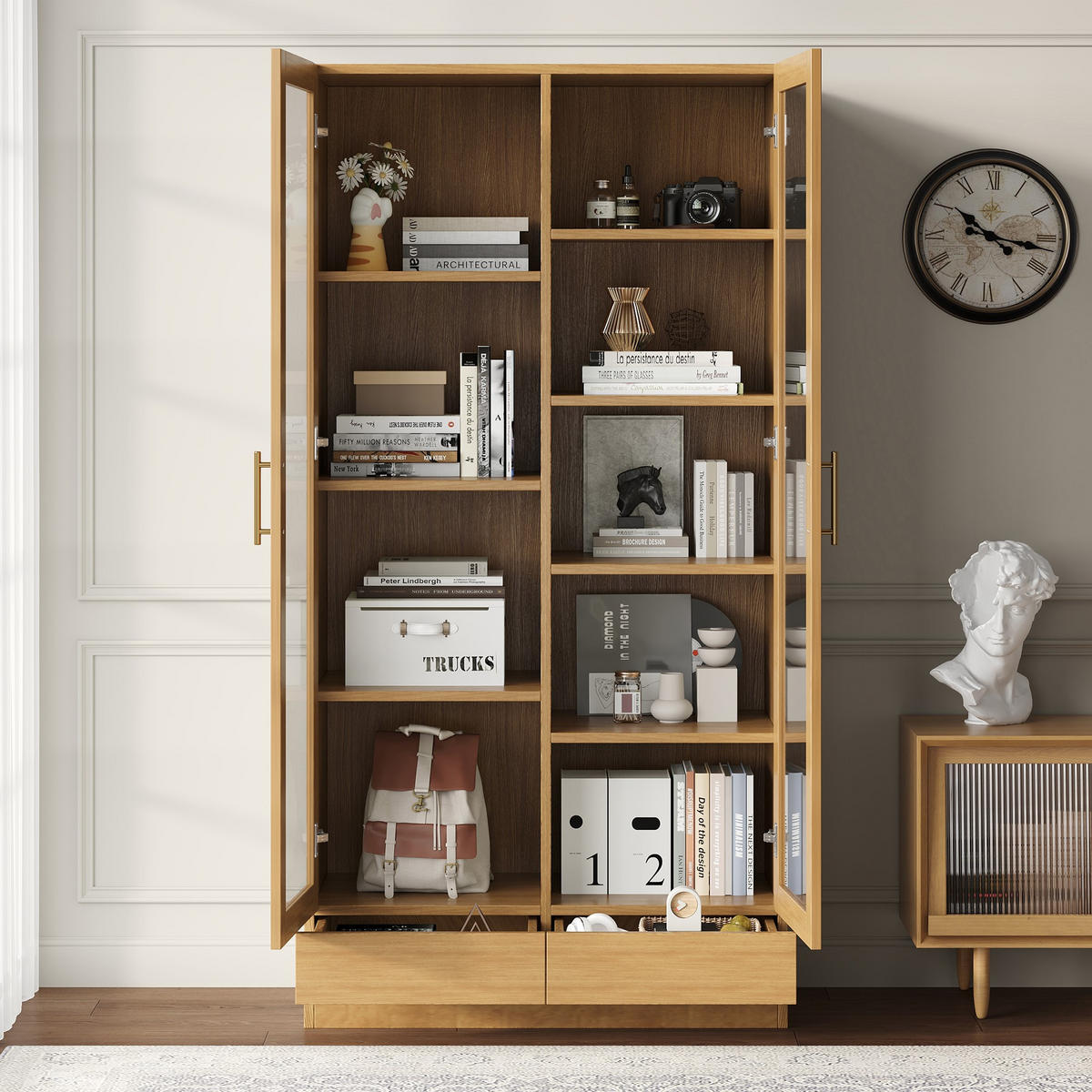 GLASVITRINE 80x40x160cm Holzfarbe Büroregal Push-To-Open-Schubladen - Naturfarben, Holz (40/160/80cm) - FLIEKS