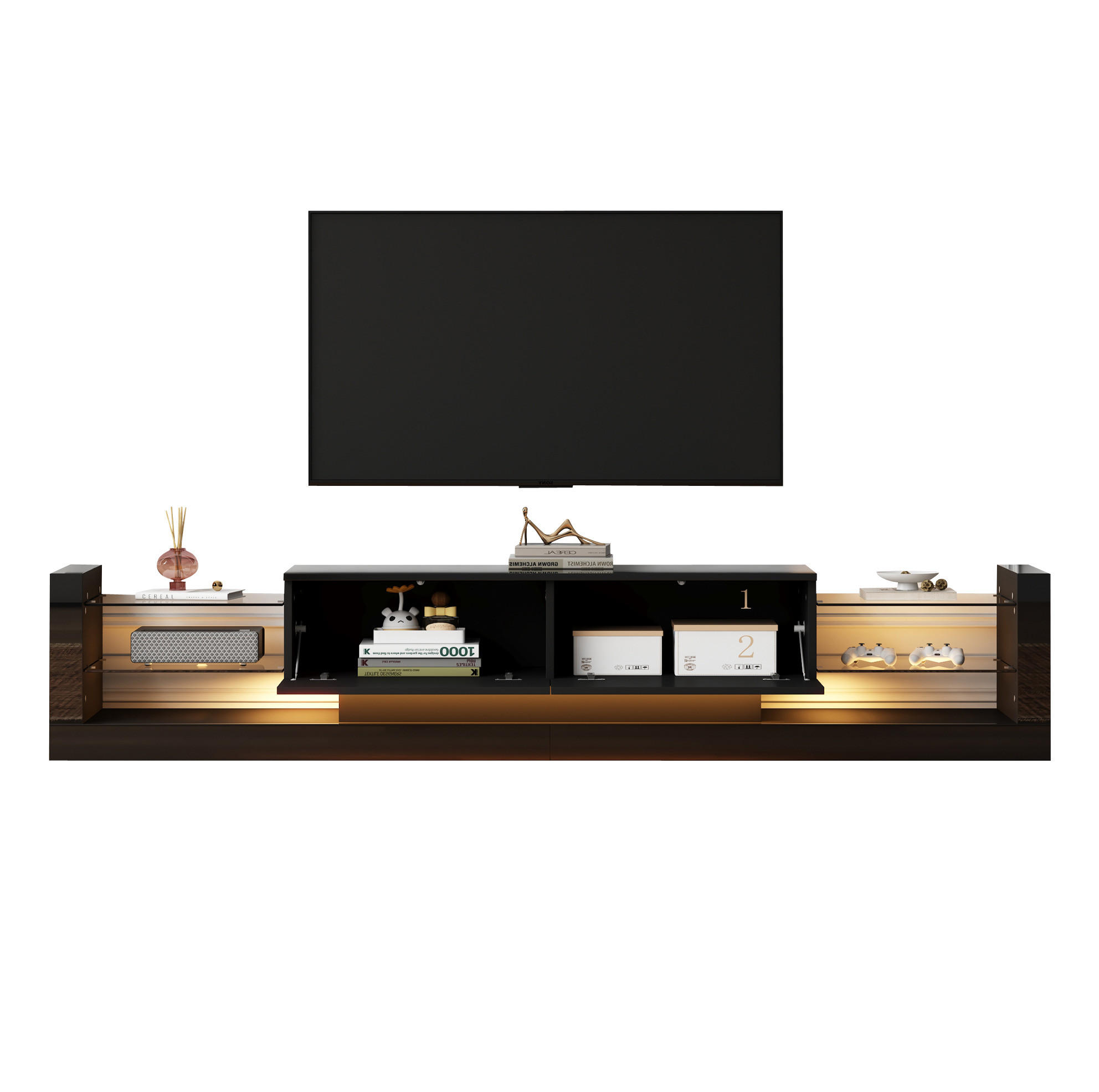 TV-SCHRANK in Schwarz Hochglanz mit Glasfront und LED 181/38/38 cm - Schwarz, Holzwerkstoff (181/38/38cm) - Redom