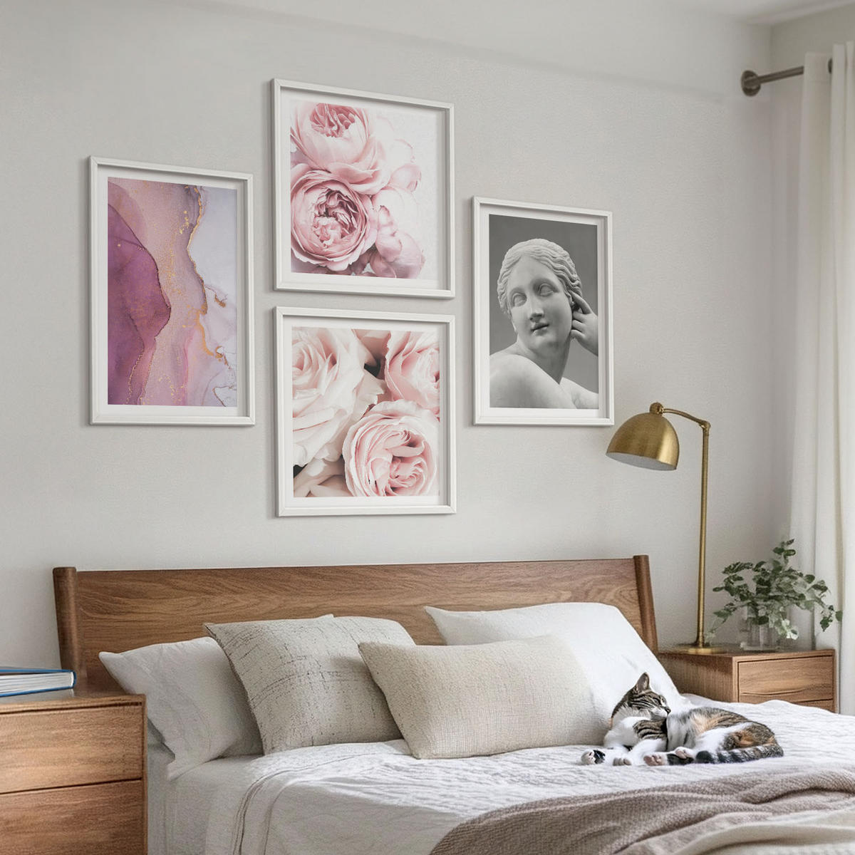 BILDER SET 4er Set - 50x50 cm & 40x60 cm Weißer Rahmen - Pfingstrosenskulptur einer Frau - Weiß, Kunststoff (50/50cm) - TULUP