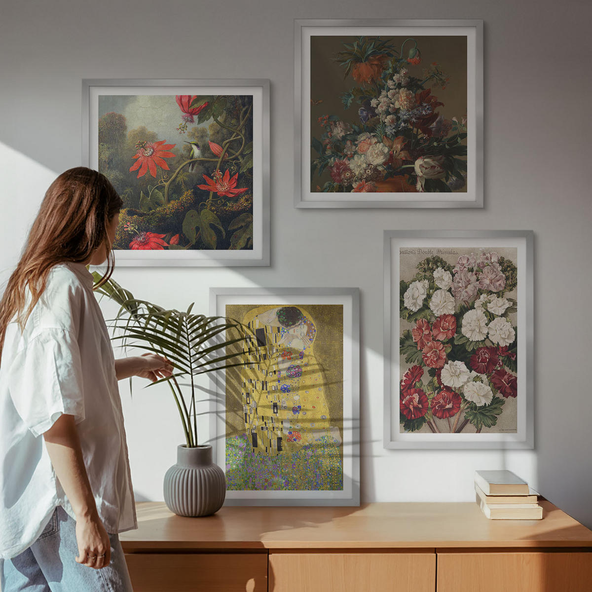 BILDER SET 4er Set - 50x50 cm & 40x60 cm Silberner Rahmen - Blumen des Baumes (Gemälde von Klimt) - Silberfarben, Kunststoff (50/50cm) - TULUP