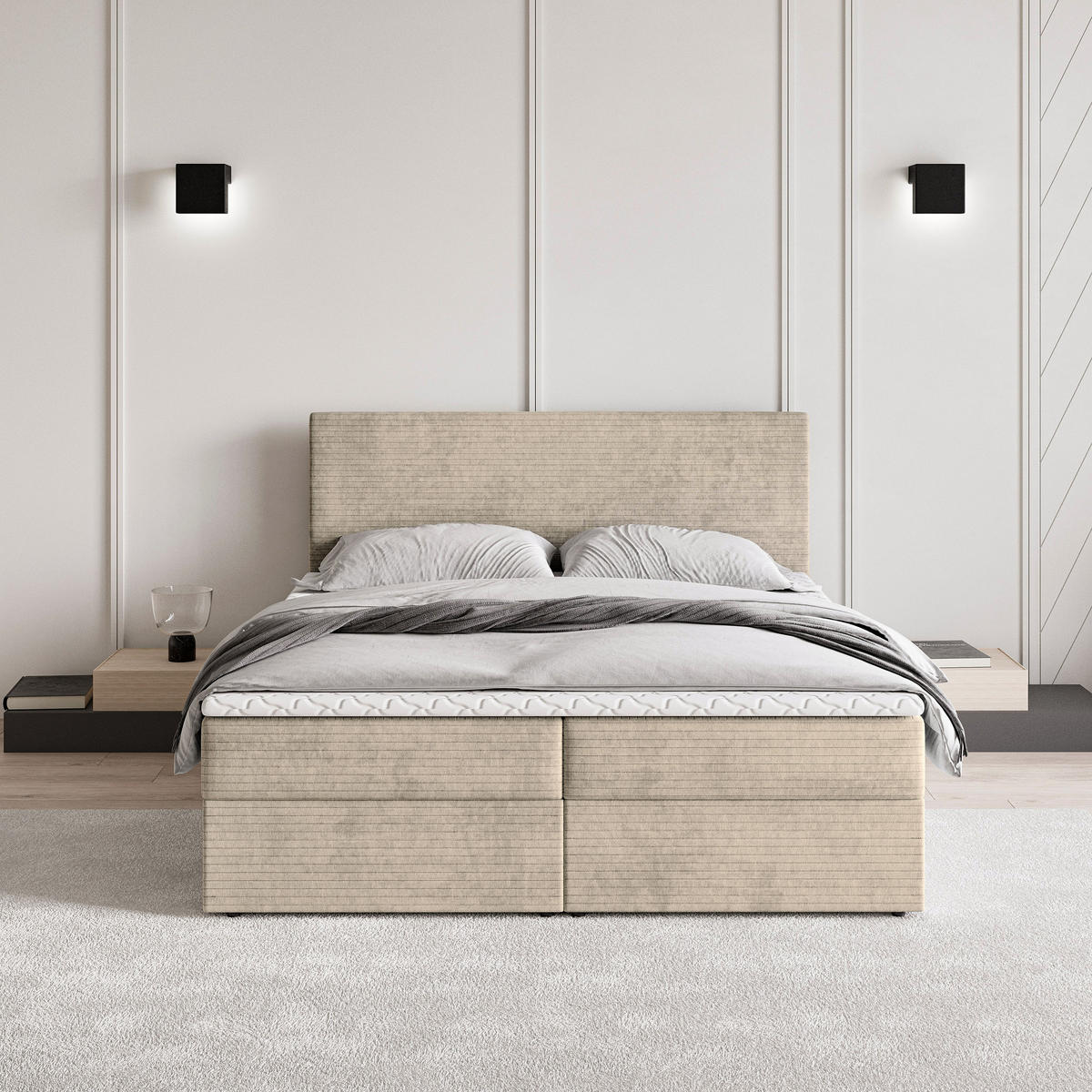 BOXBETT NIRA 160x200 cm mit Matratze und Topper - Creme - Creme, Holz (160/200cm) - MASSENO