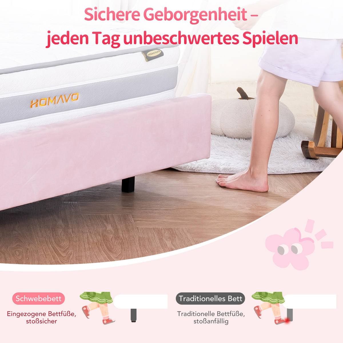 KINDERBETT 90×200 cm, LED-Musiklampe, schwebendes Design, Kopfteil in Wolkenform, bett rosa - Pink, Metall (90/215cm) - HOMAVO