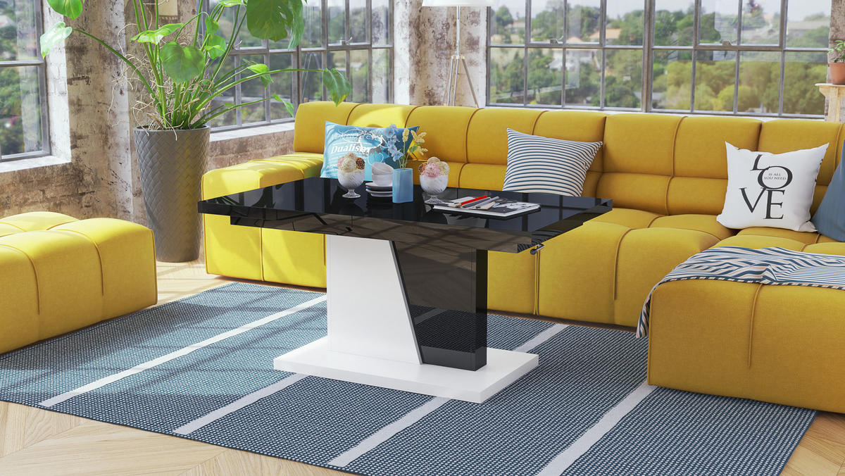 COUCHTISCH rechteckig Schwarz Hochglanz - Weiß matt ausziehbar höhenverstellbar - Schwarz Hochglanz/Weiß, Holzwerkstoff (70/120/60cm) - designimpex