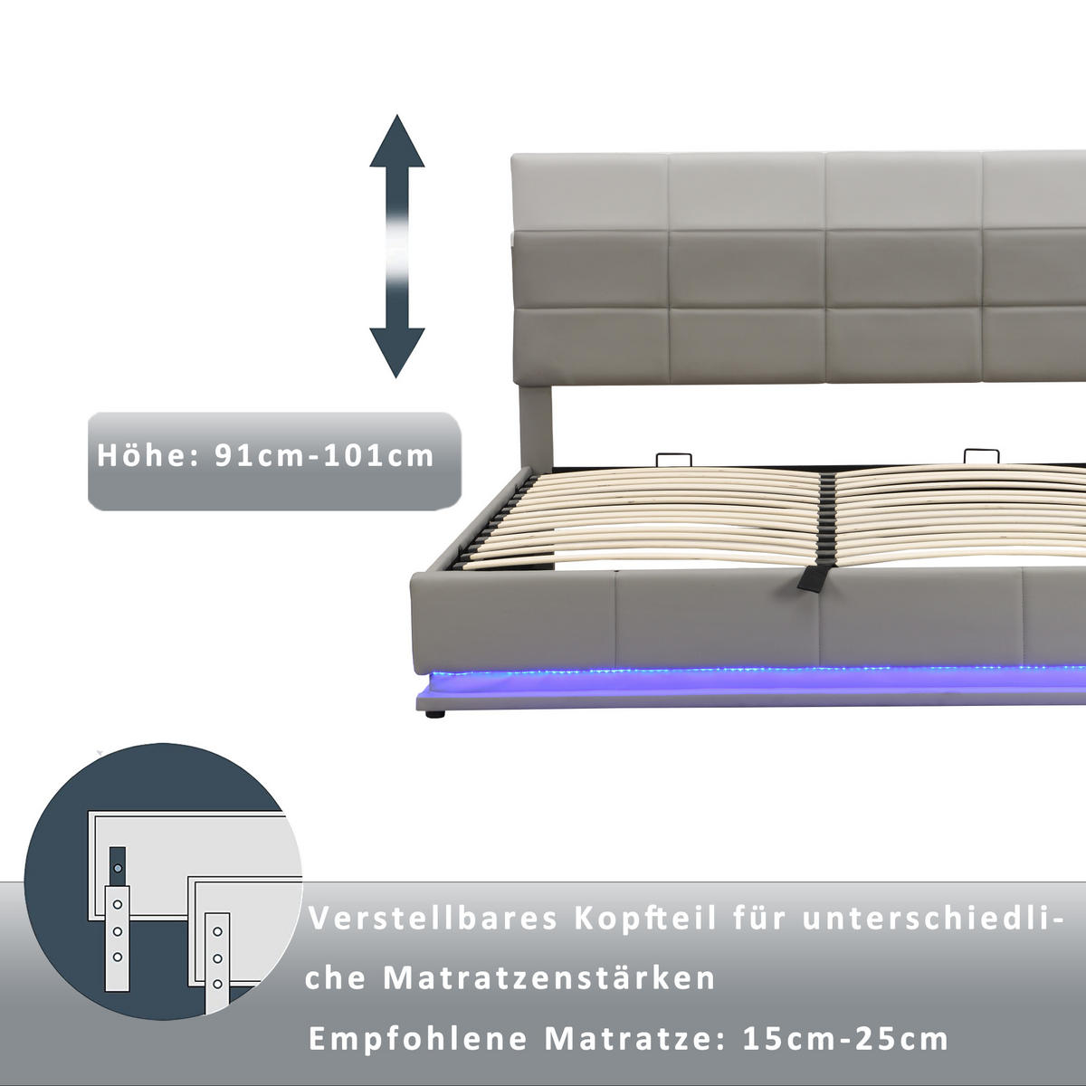 POLSTERBETT 180x200 LED Hydraulik Stauraum Kunstleder Hellgrau - Grau, Leder (180/200cm) - FLIEKS