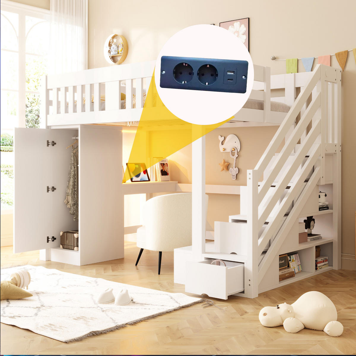HOCHBETT 140/200 cm in Weiß aus Holz mit Treppe, Schreibtisch, LED und Stauraum - Weiß, Holz/Holzwerkstoff (140/200cm) - WISHDOR