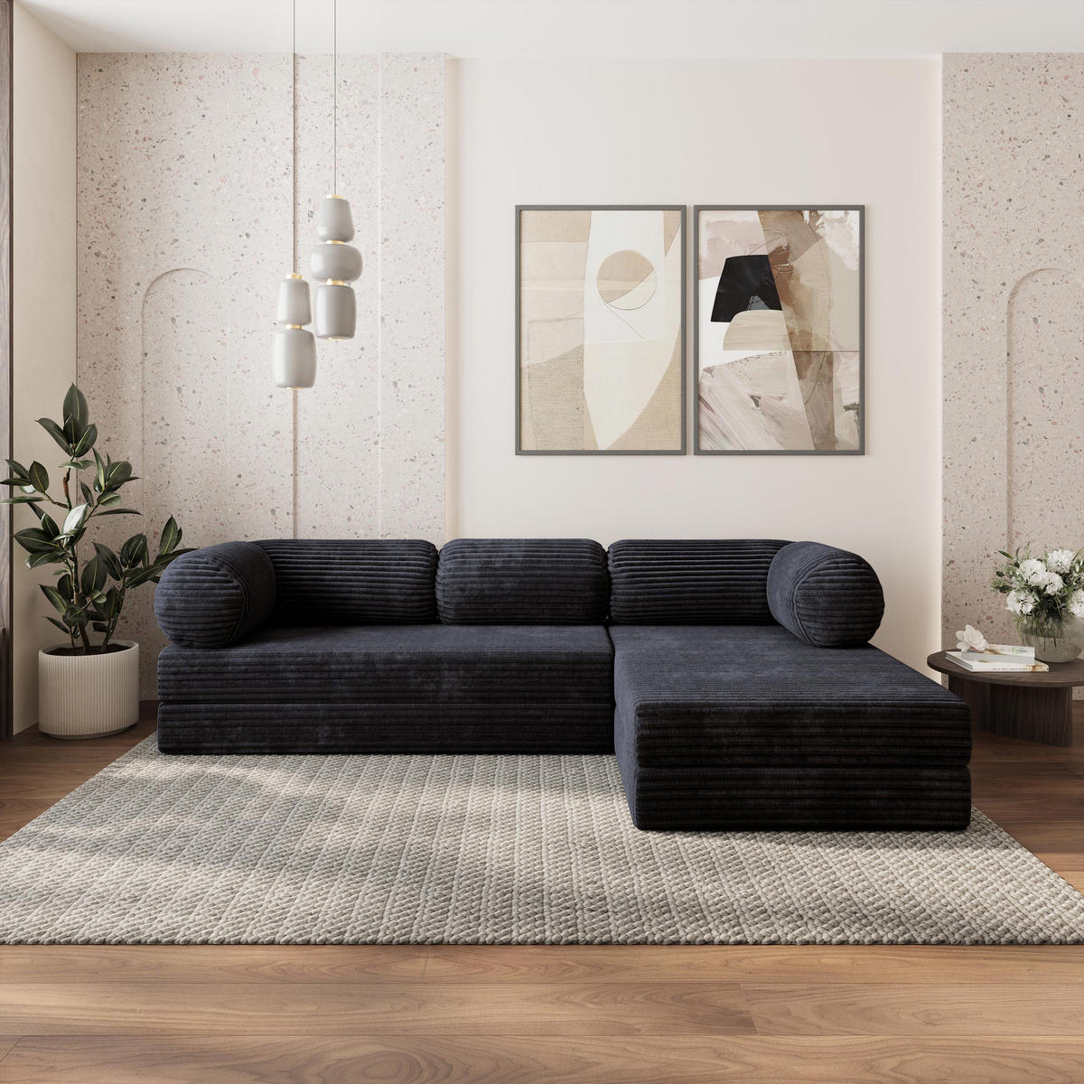 ROHOVÁ SEDAČKA ETERA modulární Boneless pohovka s funkcí spaní, černá TILIA 100 - černá, textil (270/160cm) - MASSENO