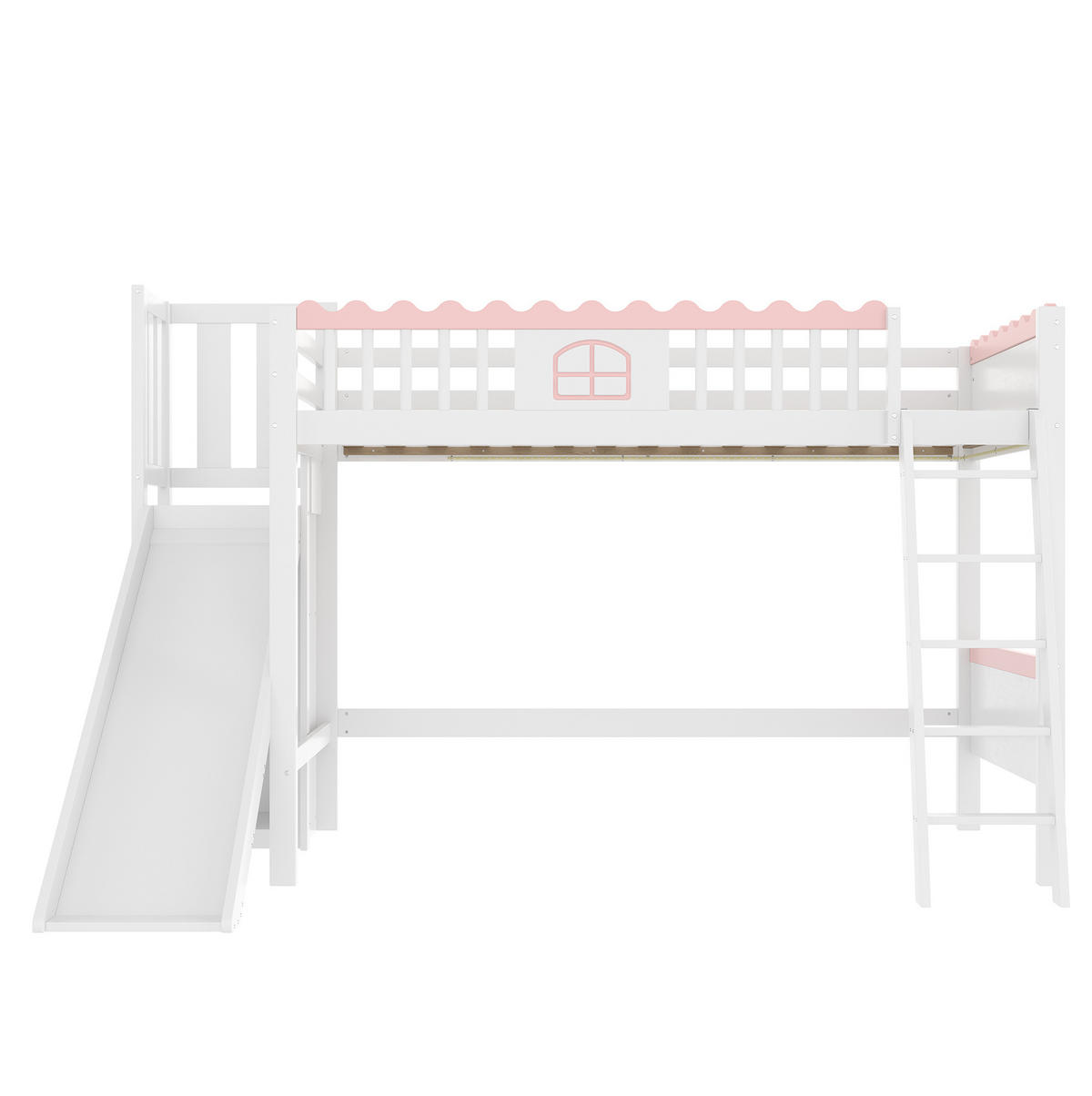 VISOKI krevet 90/200 cm s LED osvjetljenjem, policama i toboganom, dječji dizajn, Bijela - bijela, drvo (90/200cm) - Redom