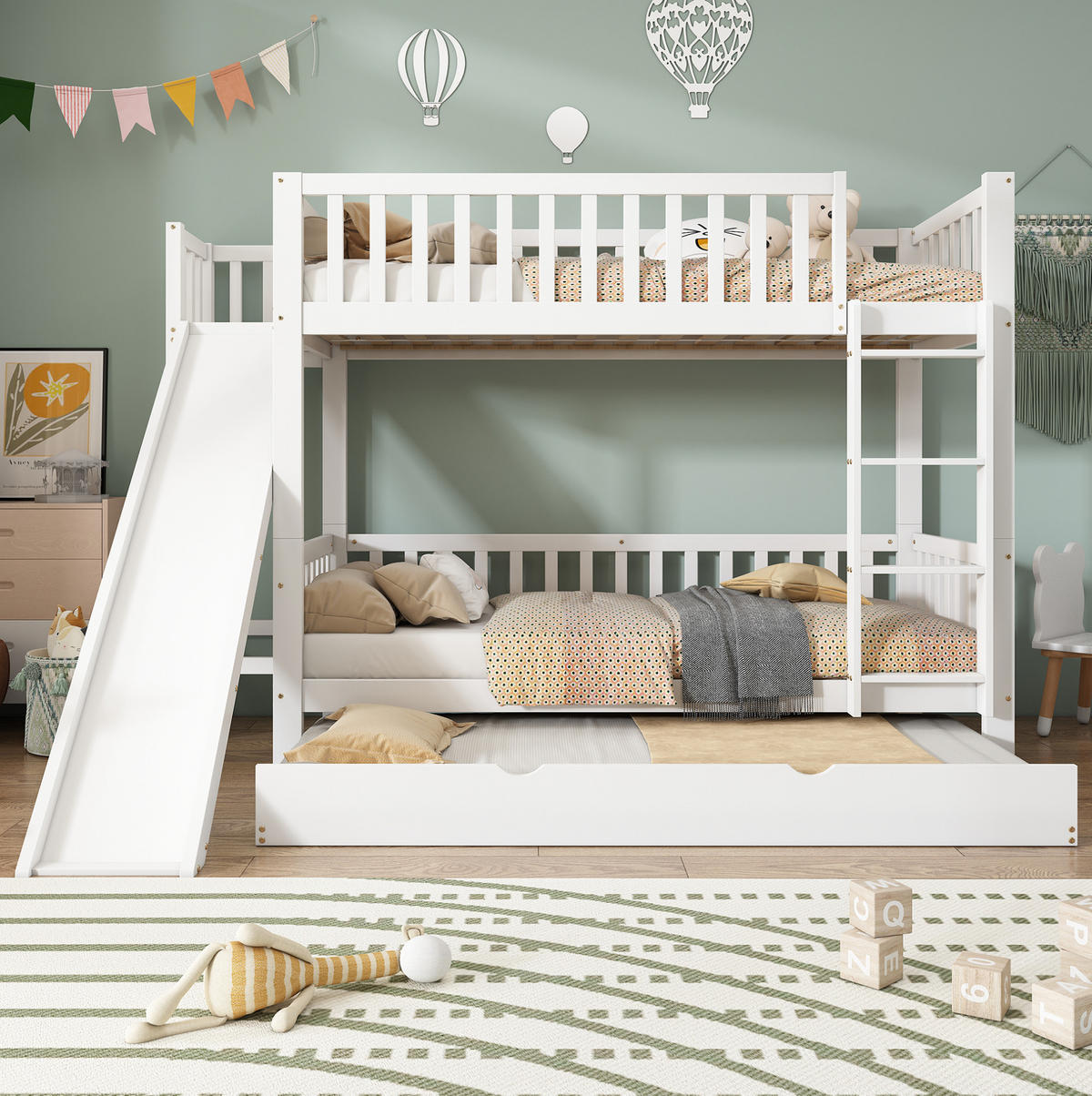 ETAGENBETT 90/200 cm mit Rollbett 90/190 cm, Rutsche, Regalen und 4-stufiger Leiter aus Kiefer/MDF, Weiß - Weiß, Holzwerkstoff (90/200cm) - Redom