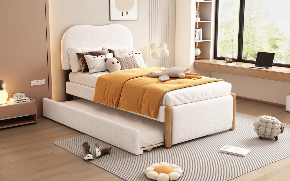 POLSTERBETT 90/200 cm Weiß aus Plüsch mit ausziehbarem Rollbett - Weiß, Textil (90/200cm) - OKMYHOME
