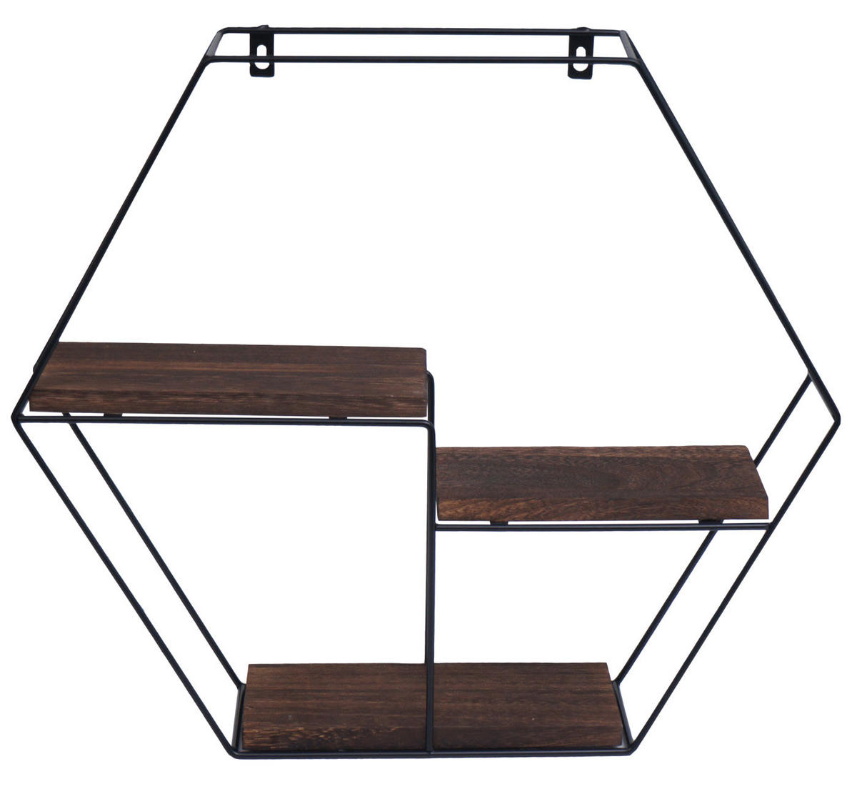WANDREGAL sechseckig 43x49x11cm 3 Regalböden Metall Massiv-Holz Industrial Dunkelbraun - Braun, Metall (49/43/11cm) - BERLINLODGE