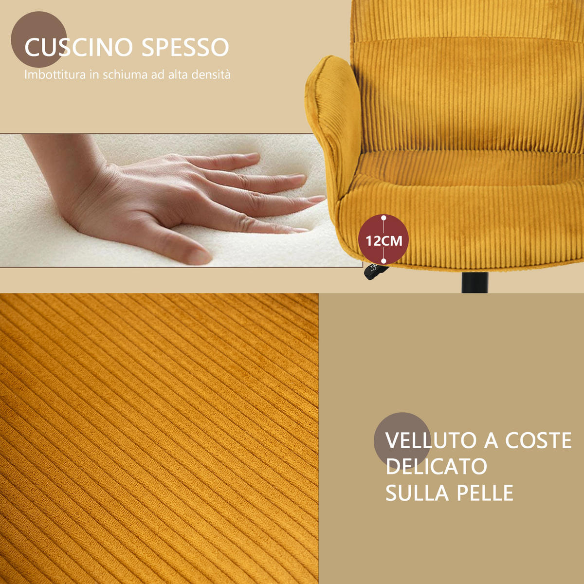 DREHSTUHL in Gold Cord - Gelb/Schwarz, Textil/Metall (62/94/49.5cm) - Meubles Cosy