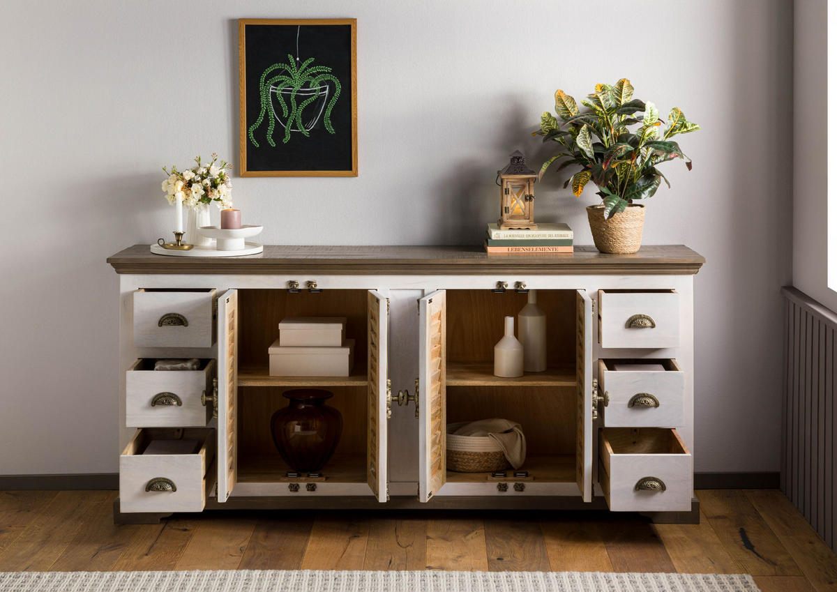 SIDEBOARD Mango 200x45x90 weiß lackiert TOULOUSE #117 - Weiß, Holzwerkstoff (200/90/45cm) - Massivmoebel24