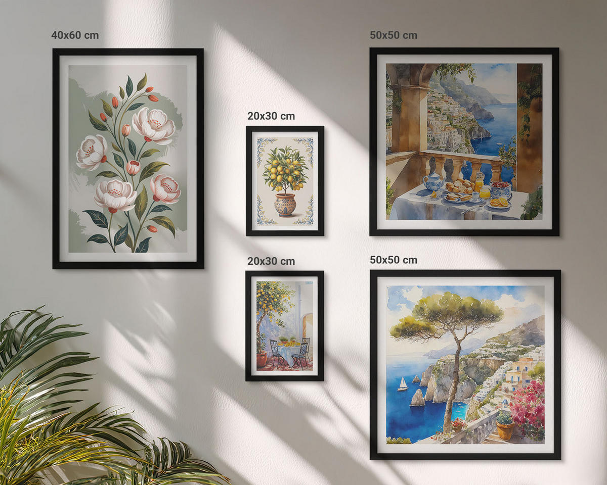 BILDER SET 5er Set - 50x50 cm & 20x30 cm & 40x60 cm Schwarzer Rahmen - Blick auf das Meer aus Zitronenbäumen - Schwarz, Kunststoff (40/60cm) - TULUP