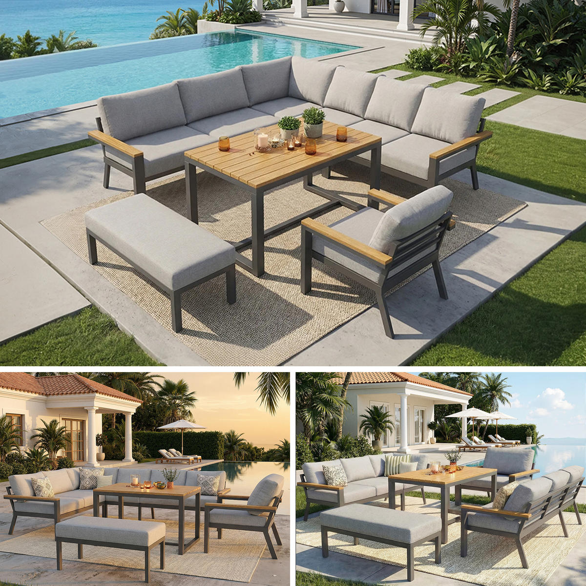 GARTENSET L-Form 8 Personen Grau Mit Holztisch & Sessel - Grau, Metall - FLIEKS