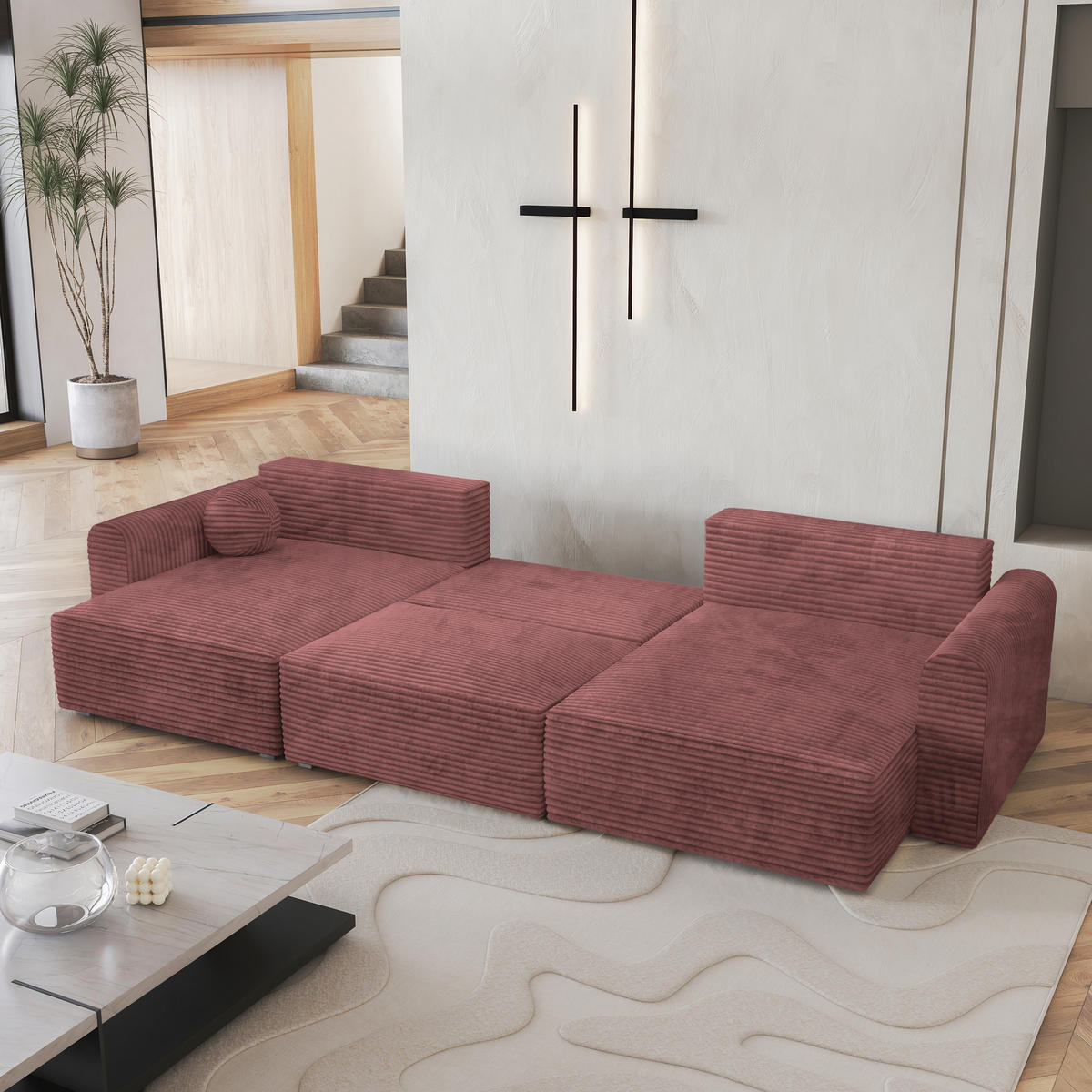 WOHNLANDSCHAFT FENTO Rosa Kordstoff mit Schlaffunktion - Rosa, Holz (347/90/148cm) - MASSENO