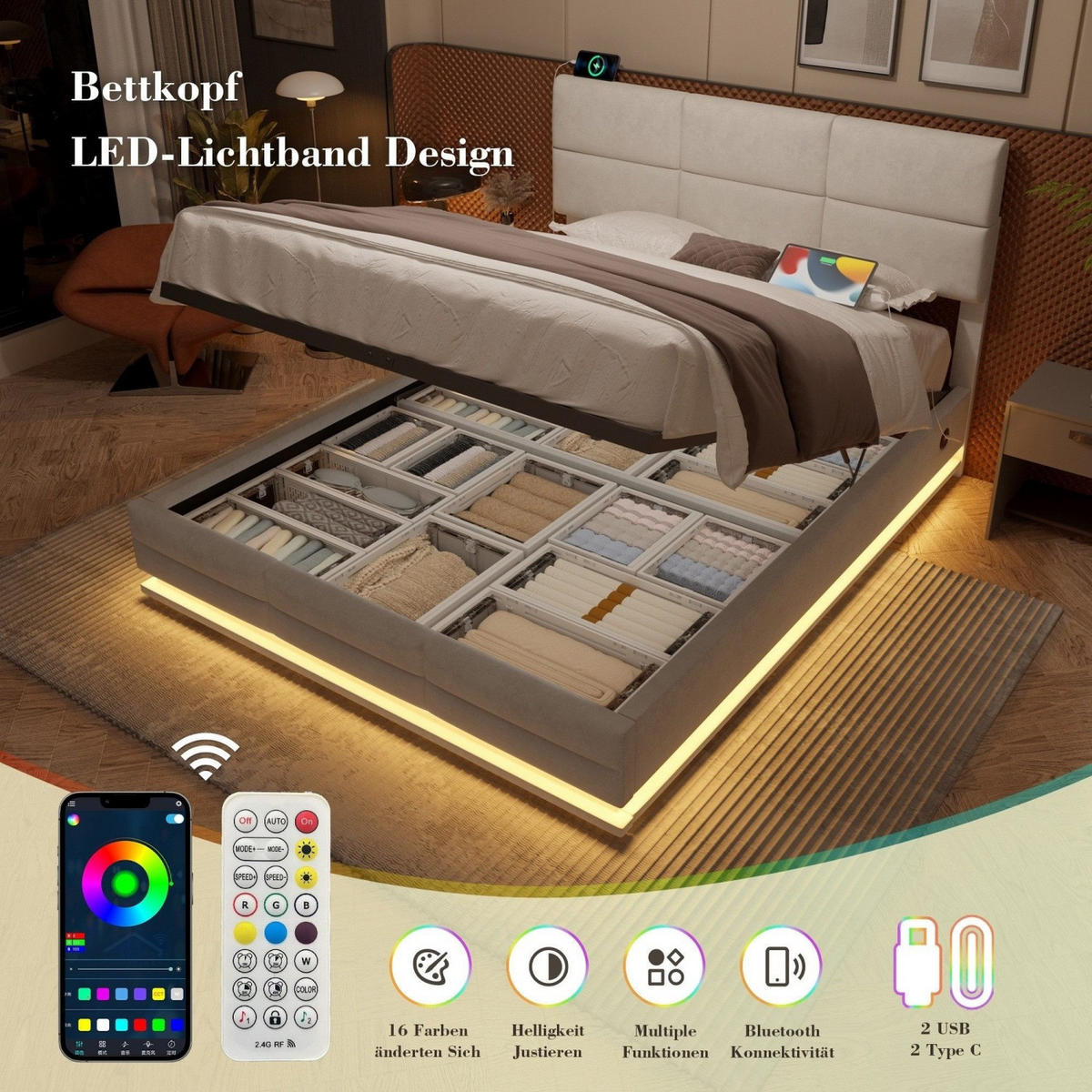 BOXBETT 140/200 mit Bettkasten, LED, USB/Typ C-Ladeanschluss,Samt,Beige - Beige, Holz (140/200cm) - LVHOM