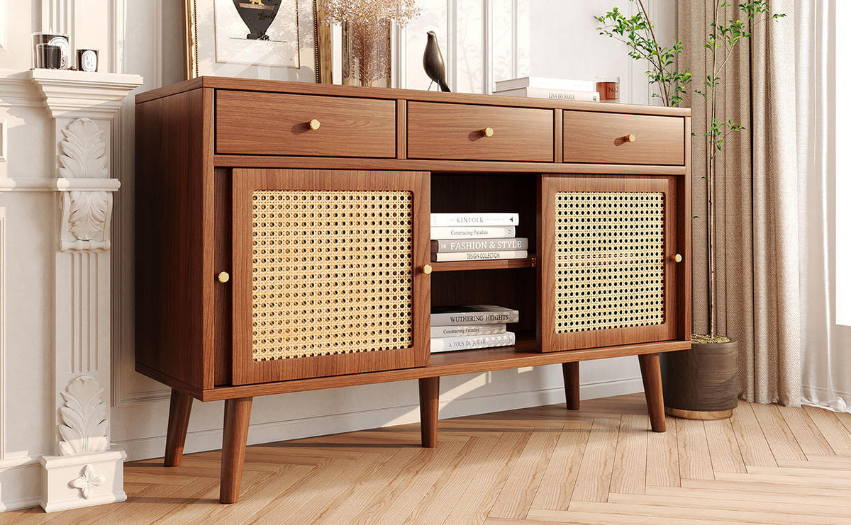 KOMMODE mit 3 Türen, 3 Schubladen, Rattan-Optik und verstellbaren Einlegeböden, 120 x 40 x 78 cm, Walnuss, MDF - Walnussfarben, Holzwerkstoff (120/78/40cm) - SONNENH