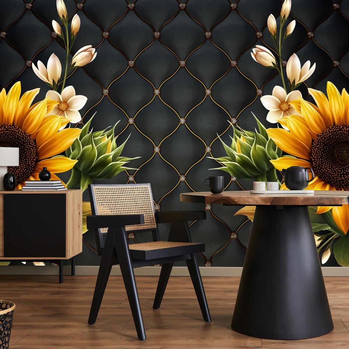 FOTOTAPETE für Küche Blume Sonnenblumen auf gestepptem Hintergrund 450x315 - Gelb/Schwarz, Papier (450/315cm) - Muralo