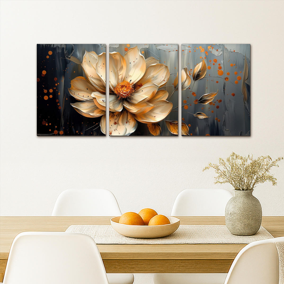 LEINWANDBILD 3er Set Blume - Gold - Abstrakt - Farbe 90x40 cm - Creme, Textil (90/40cm) - MuchoWow