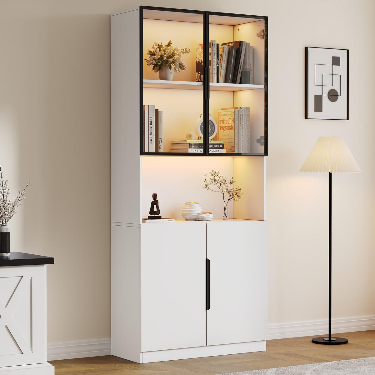 VITRINE LED Glastüren Bücherregal Weiß 80x30x200cm modern - Weiß, Holzwerkstoff (30/200/80cm) - FLIEKS