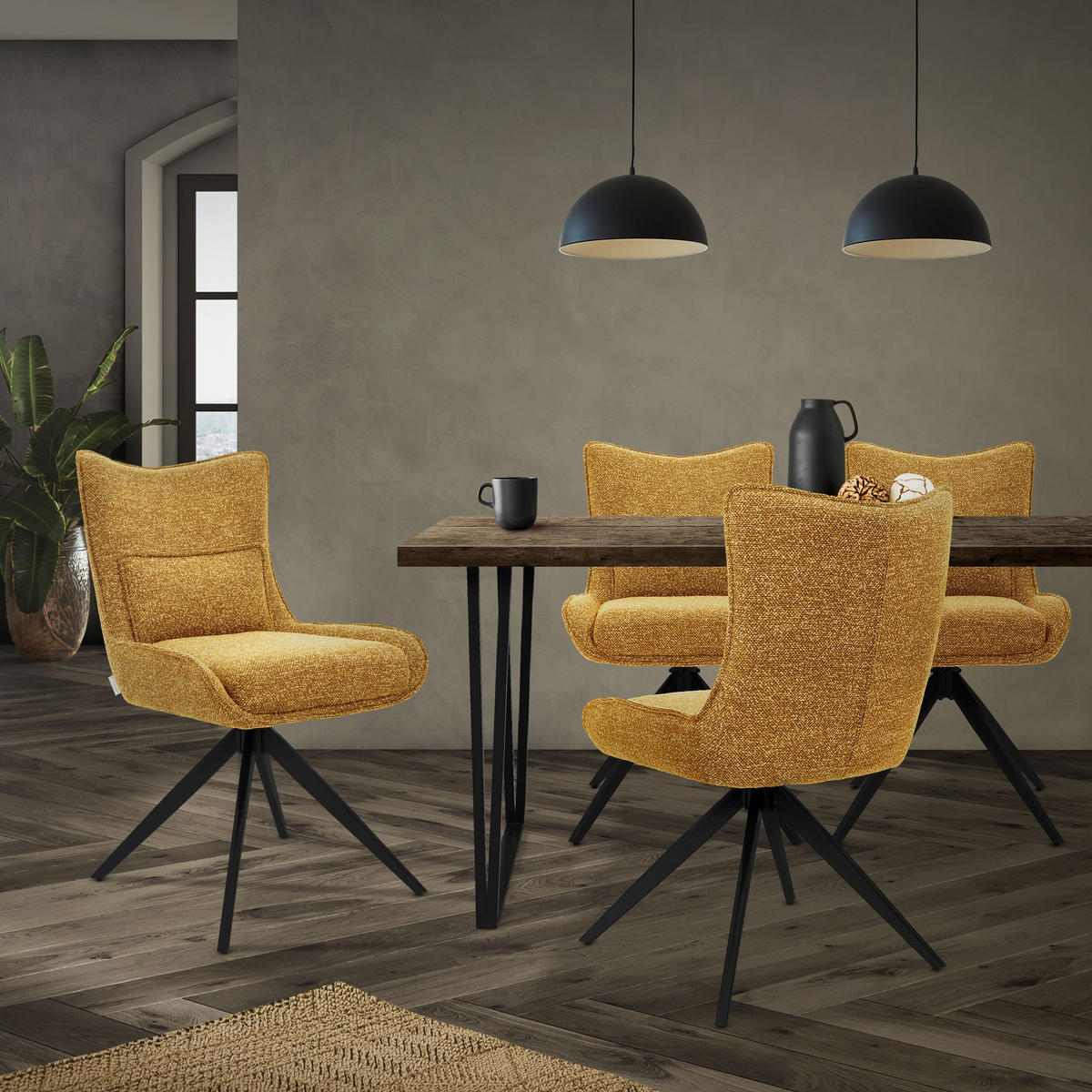 ESSZIMMERSTUHL drehbar Küchenstuhl gepolstert mit Webstoff-Bezug Senf - Dunkelgelb/Schwarz, Textil/Metall (54/90/64cm) - ML-DESIGN