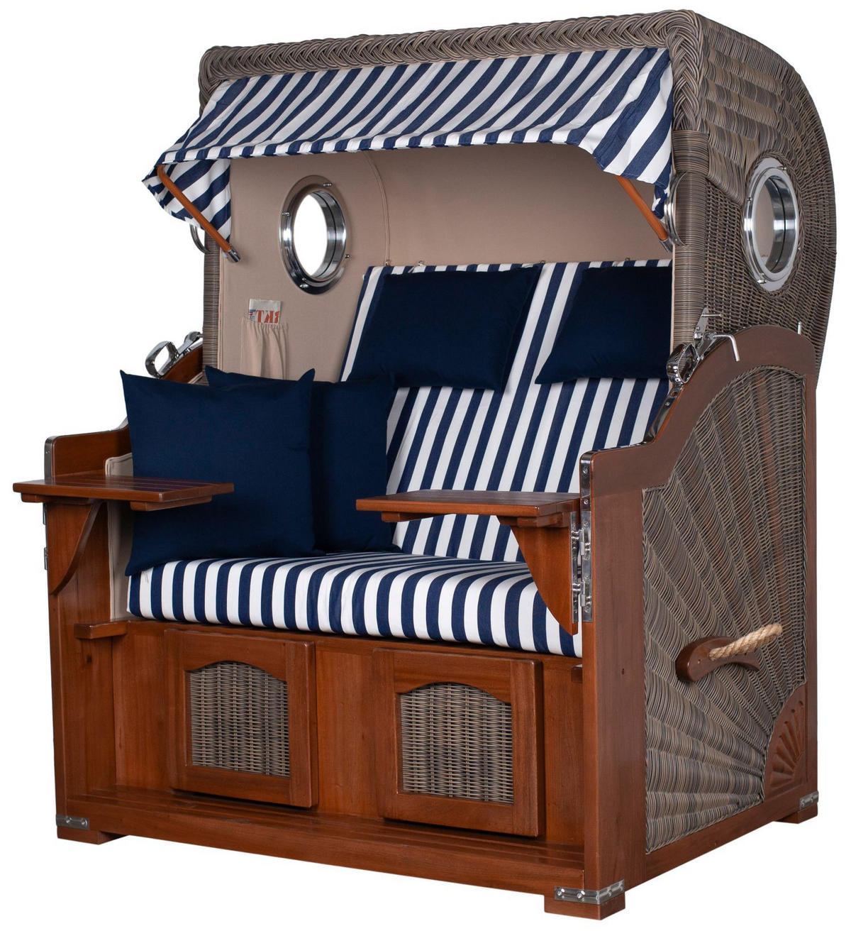 STRANDKORB Komplettset: Ammersee Mahagoni Bullauge - PE grau - Modell 518 - Blau/Weiß, Holz/Kunststoff (125/165/80cm) - bene living