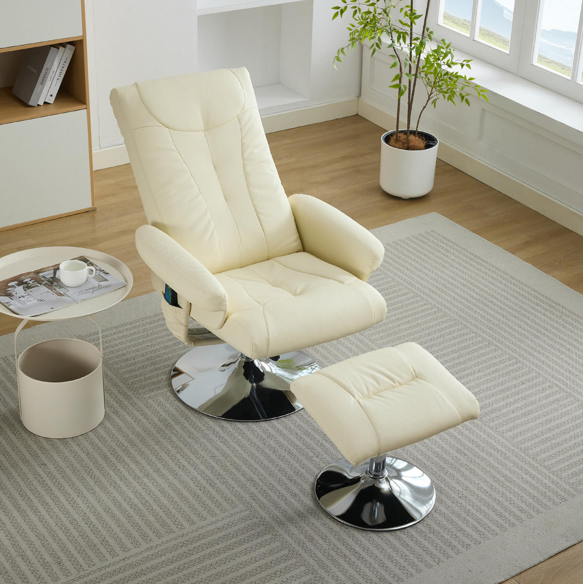 RELAXSESSEL PU mit Massage und Sitzheizung inklusive Hocker 76/75/103 cm Beige - Beige, Kunststoff (75/103/76cm) - Redom