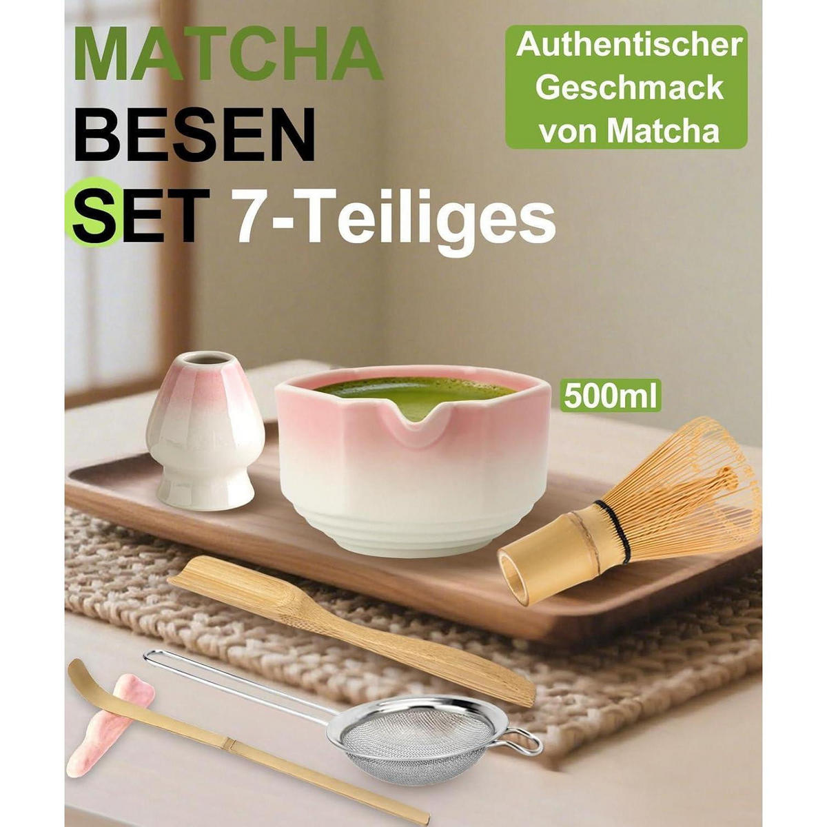 MATCHA Set 7-teiliges Set Keramikschale Bambusbesen Rosa - Rosa, Keramik (15/10/15cm)
