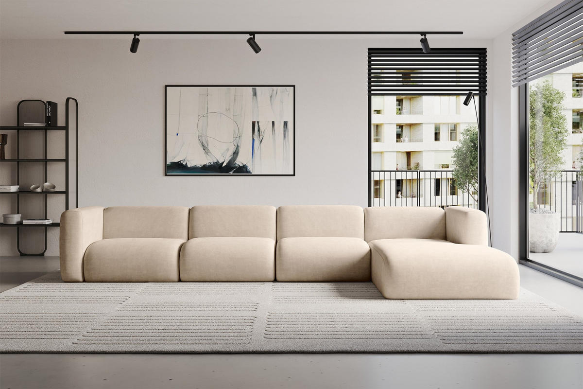 ECKSOFA Ottomane Rechts MIRA-L3 409x179x70 Beige Velours - Greige/Beige, Holzwerkstoff/Kunststoff (409/179cm) - ALTDECOR