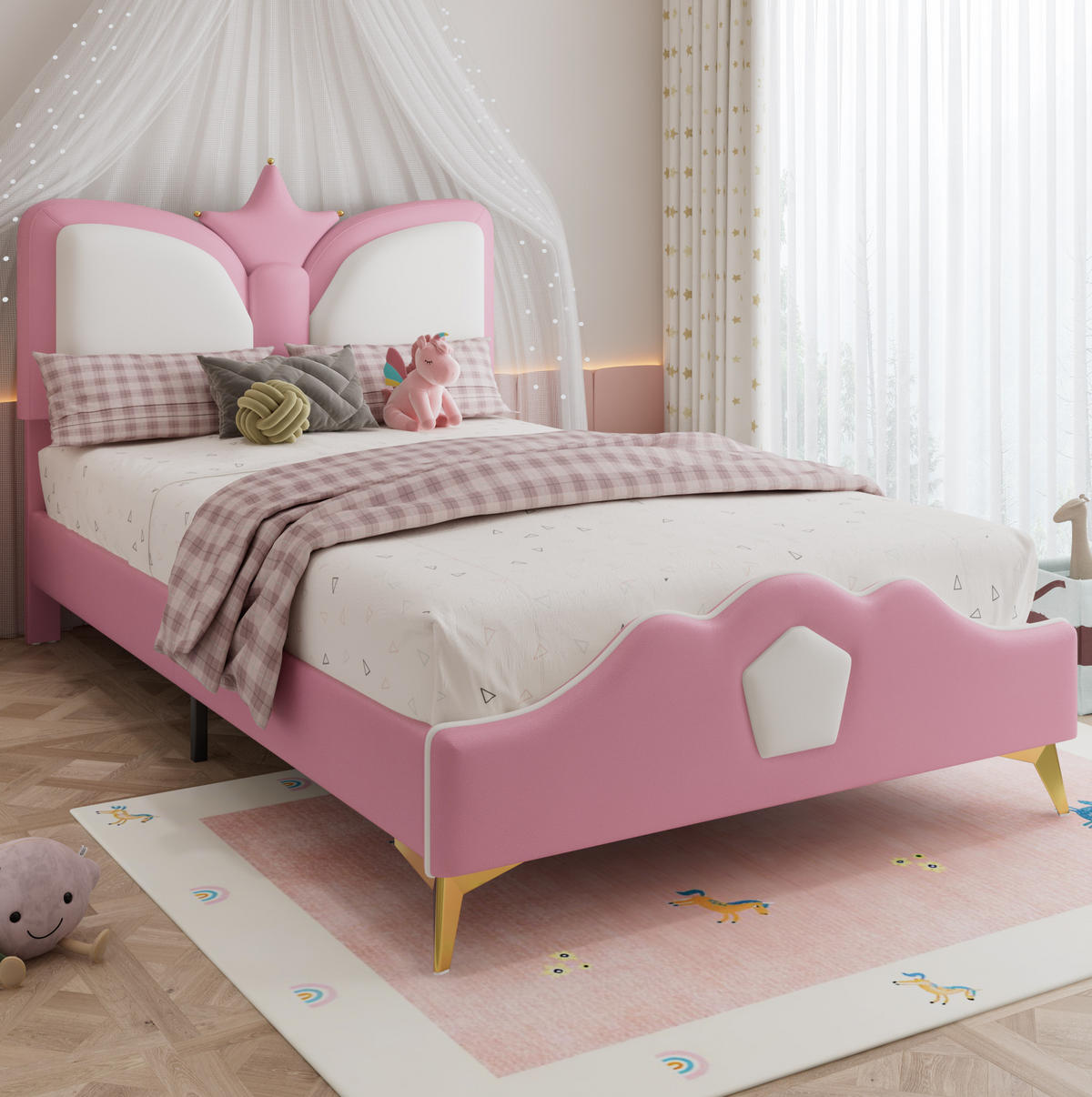 POLSTERBETT 90/200 cm Rosa+Weiß aus PU mit Kronen-Kopfteil - Rosa, Kunststoff (90/200cm) - OKMYHOME