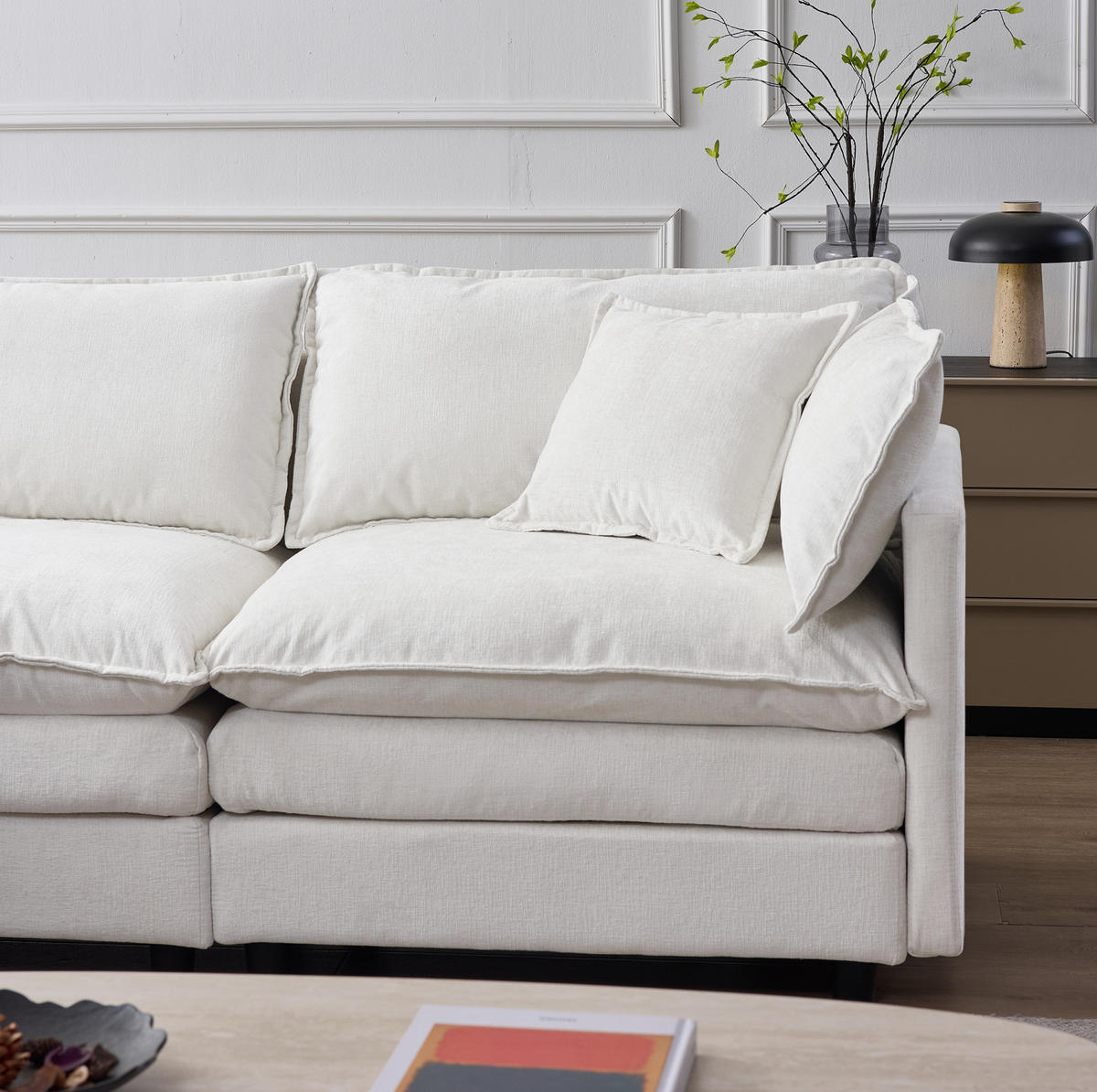 ECKSOFA aus Chenille 267x78x85 cm in Beige mit Hocker - Beige, Textil (78/85/267cm) - Modfu
