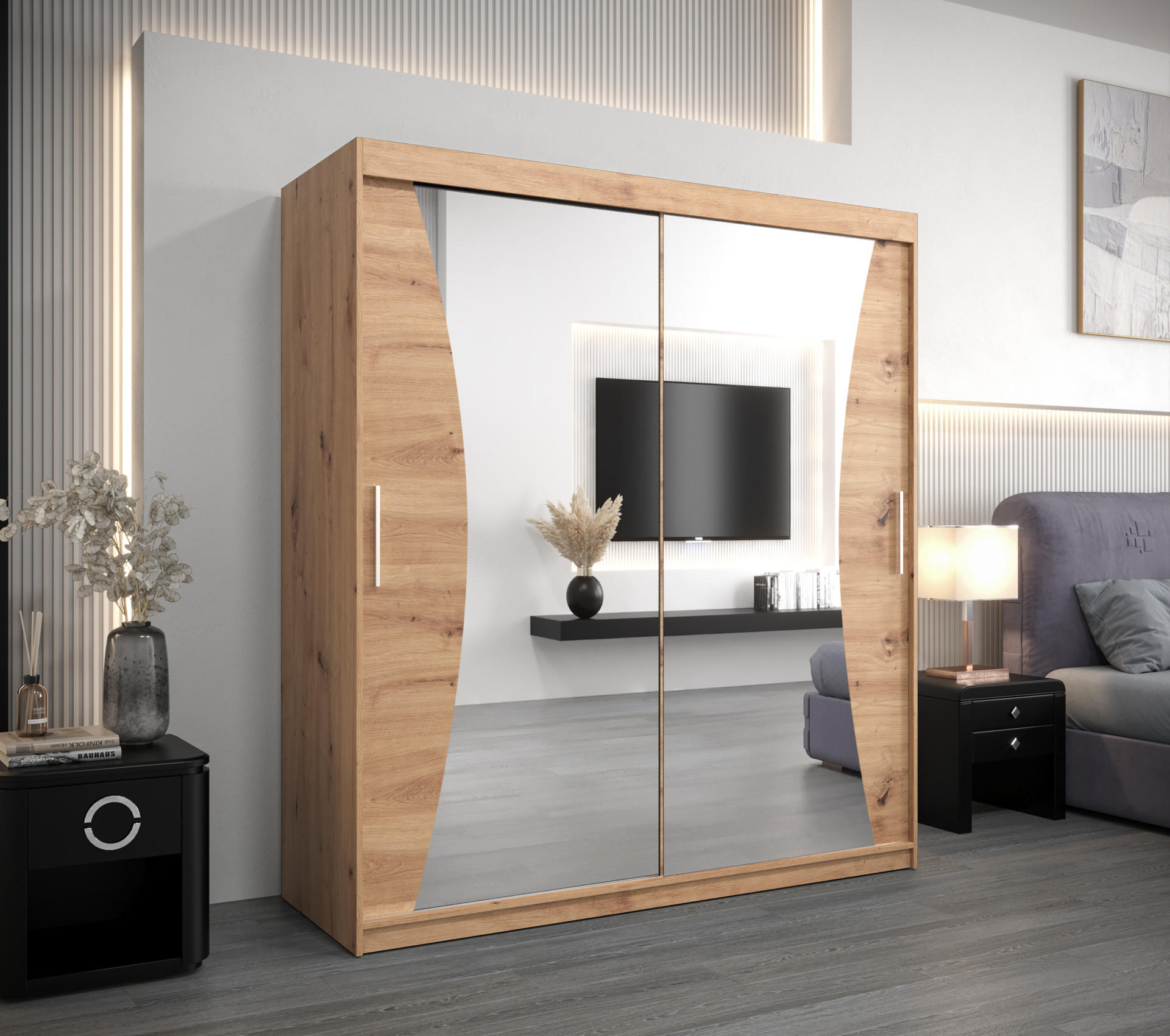 SCHWEBETÜRENSCHRANK 200/180/62 2-türig - Silberfarben/Eiche Artisan, Holz/Kunststoff (180/200/62cm) - Abiks Möbel