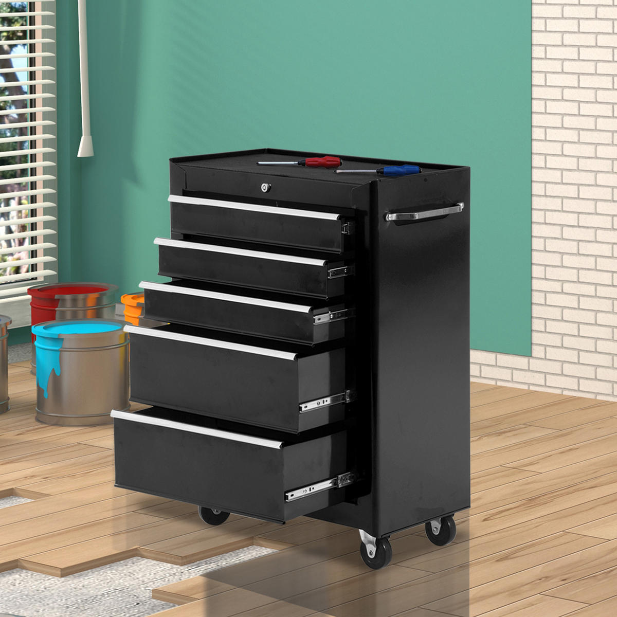 WERKZEUGSCHRANK DE-10581 5 Schubladen, rollbar Schwarz - Schwarz, Metall (33/82.5/61.5cm) - ComfortXL