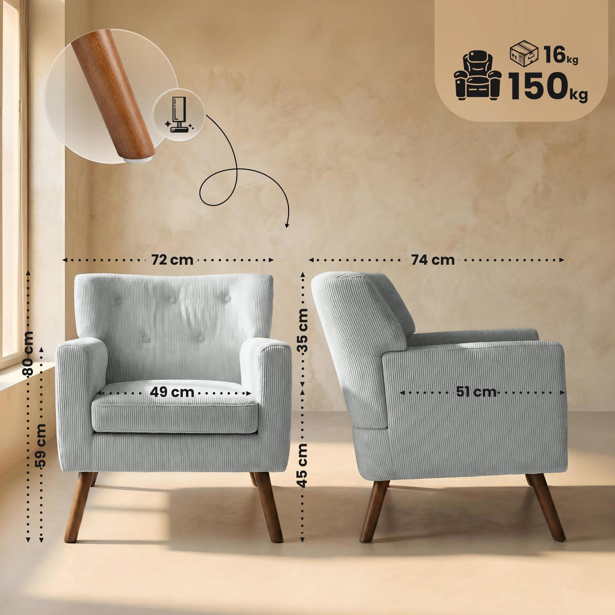 SESSEL Cord Grau - Braun/Grau, Holz/Textil (72/80/74cm) - CLP