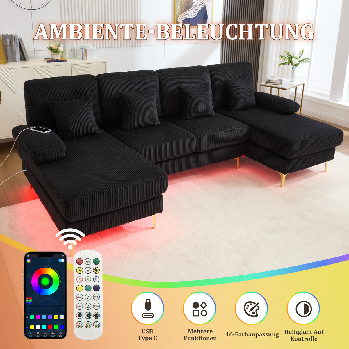 U-SOFA Wohnlandschaft Samt mit LED-Beleuchtung und USB-Anschluss 265/135/88 cm Schwarz - Schwarz, Textil (135/88/265cm) - Redom