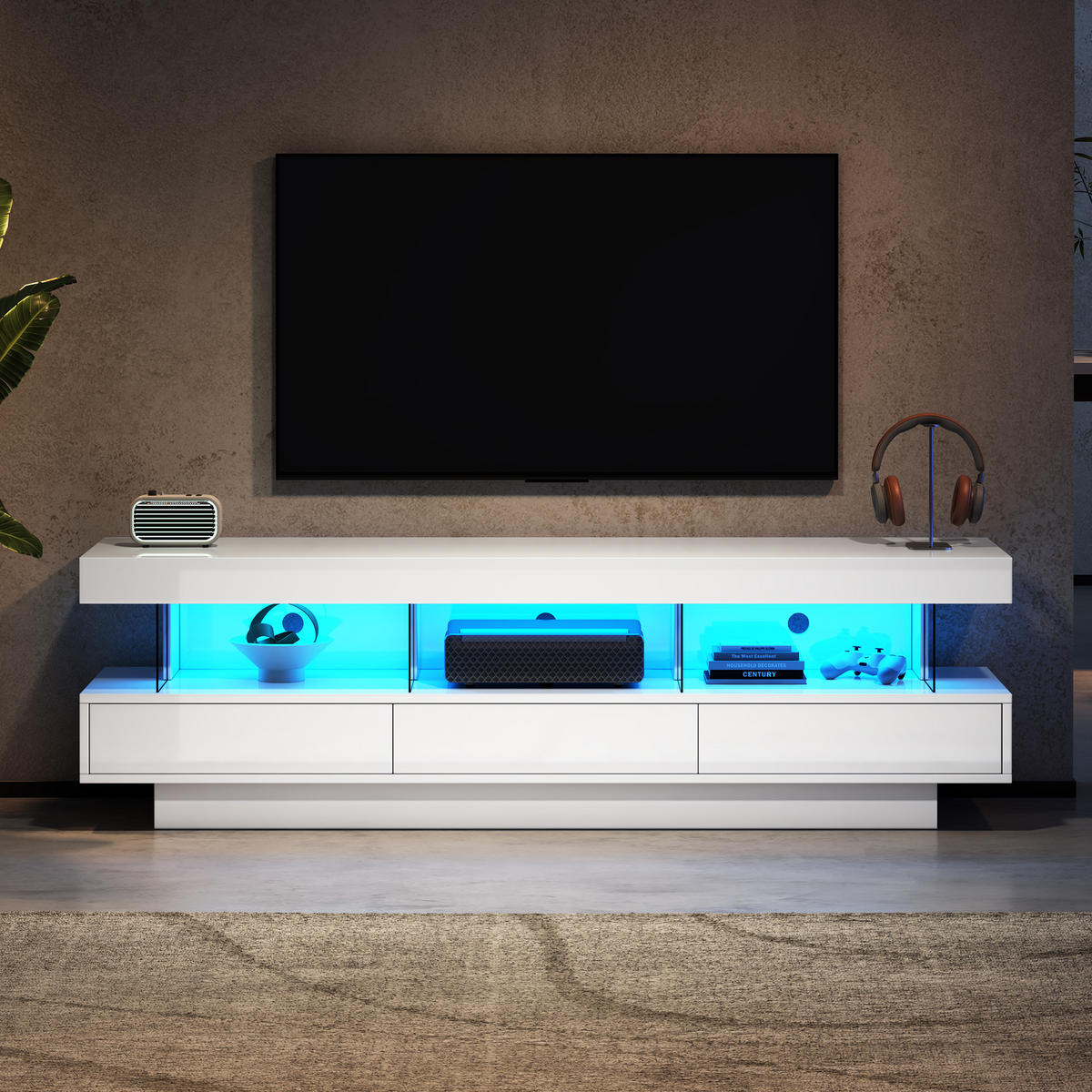 TV-RACK 160x38x50,5cm Weiß Hochglanz mit Smart-LED für 70-Zoll-TV - Weiß, Holz (40.5/29/63.5cm) - Raelunyi