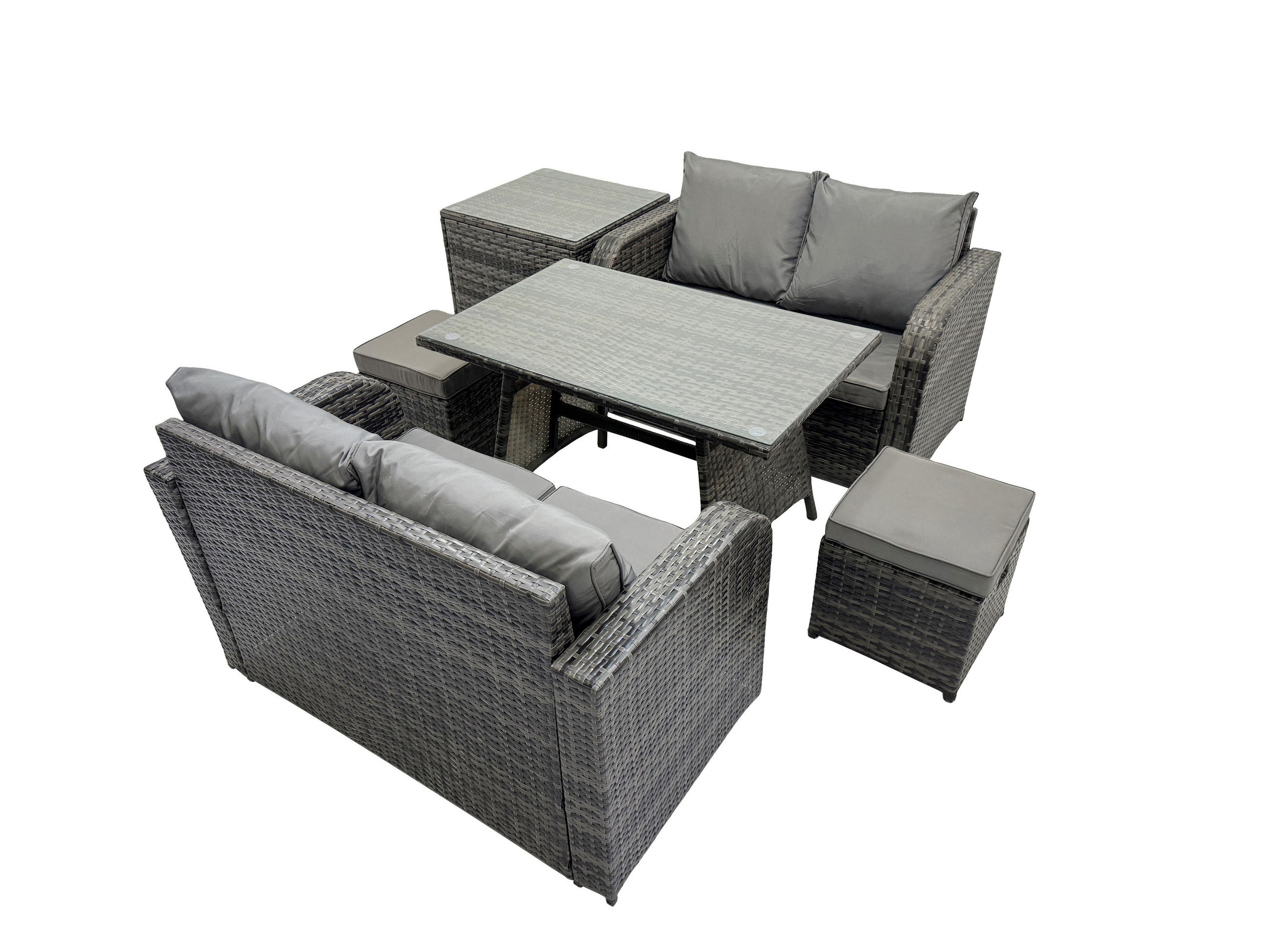 BALKONSET mit ESSTISCH SOFA Polyrattan Dunkelgrau 6-Sitzer - Dunkelgrau/Grau, Glas/Kunststoff - Fimous