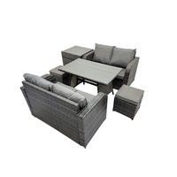 BALKONSET mit ESSTISCH SOFA Polyrattan Dunkelgrau 6-Sitzer - Dunkelgrau/Grau, Glas/Kunststoff - Fimous